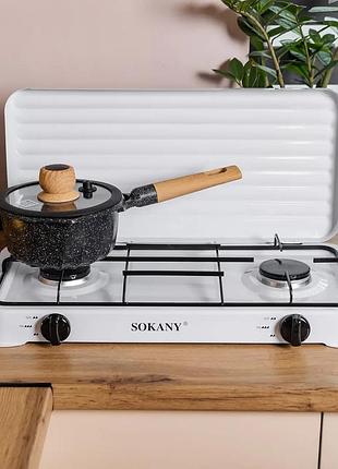 Настольная газовая плита sokany 2 конфорки 4.4 квт мини белая для баллонного газа, портативная плитка дачная горелка