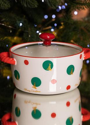 Супница фарфоровая christmas tree кастрюля бульонница новогодняя 800 (мл) с крышкой для дома и ресторана