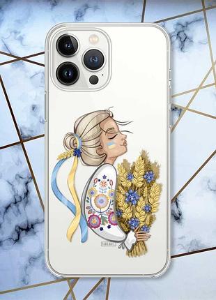 Прозрачный чехол с защитой камеры на iphone 14 pro max :: украинка с колосками (принт 173)