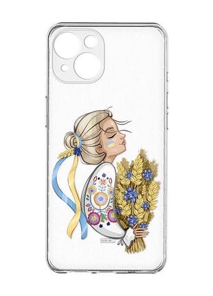 Прозрачный чехол с защитой камер на iphone 15 :: украинка с колосками (принт 173)