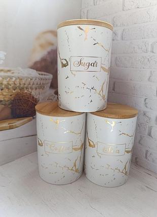 Набор банок для сыпучих продуктов bonadi white style керамика с бамбуковой крышкой 650мл 3 шт белый bd-304-945