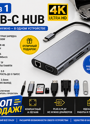 Usb-c hub 11в1 | 4k hdmi | pd 100w | топ продаж! универсальный адаптер