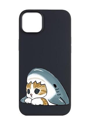 Матовий чорний чохол на apple iphone 14 plus котик акула (принт 421)