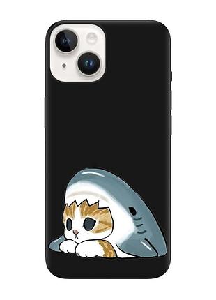 Матовый черный чехол на apple iphone 14 котик акула (принт 421)