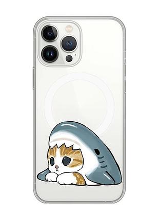 Магнітний чохол на iphone 14 pro max із підтримкою magsafe котик акула (принт 421)