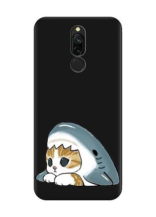 Матовый черный чехол на xiaomi redmi 8 котик акула (принт 421)