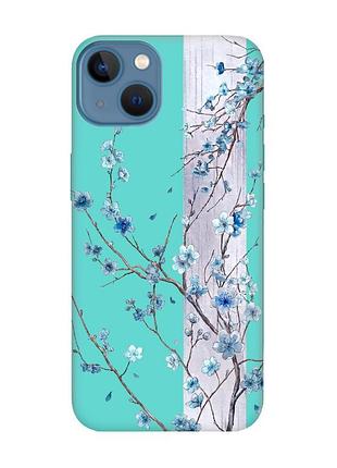 Матовый бирюзовый чехол на apple iphone 13 цветущая сакура (принт 422)