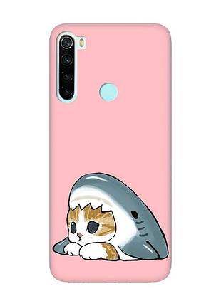 Матовый розовый чехол на xiaomi redmi note 8 котик акула (принт 421)