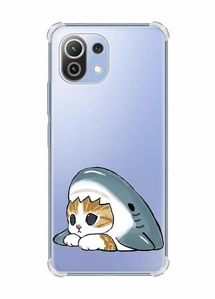 Чехол с утолщёнными углами на xiaomi mi 11 lite котик акула (принт 421)