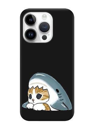 Матовий чорний чохол на apple iphone 14 pro котик акула (принт 421)