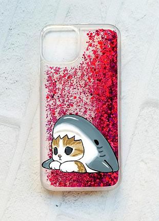 Чехол с плавающими розовыми блестками на iphone 14 котик акула (принт 421)