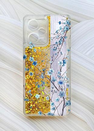 Чехол с плавающими золотыми блестками на xiaomi redmi note 12 pro plus цветущая сакура (принт 422)