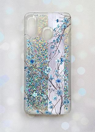 Чехол с плавающими серебряными блестками на samsung galaxy a30(2019) a305/a20 цветущая сакура (принт 422)