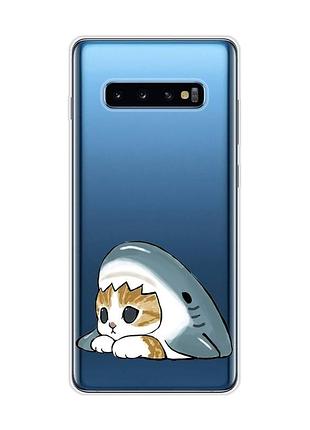 Прозрачный чехол на samsung galaxy s10 plus котик акула (принт 421)