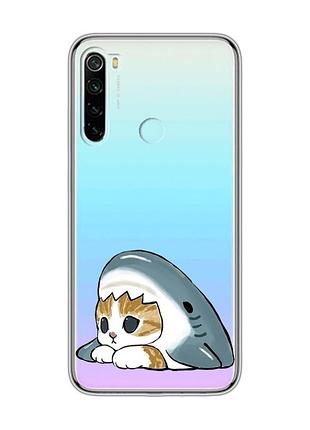 Прозрачный чехол на xiaomi redmi note 8 котик акула (принт 421)