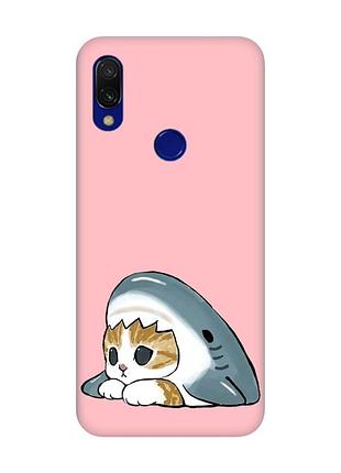 Матовый розовый чехол на xiaomi redmi 7 котик акула (принт 421)
