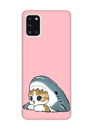 Матовый розовый чехол на samsung galaxy a31 котик акула (принт 421)