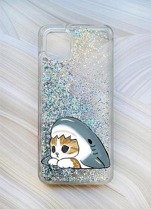 Чехол с плавающими серебряными блестками на samsung galaxy a04 котик акула (принт 421)