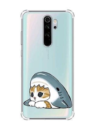 Чехол с утолщёнными углами на xiaomi redmi note 8 pro котик акула (принт 421)