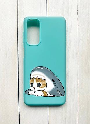 Матовий чохол на samsung galaxy m54 бірюзовий котик акула (принт 421)