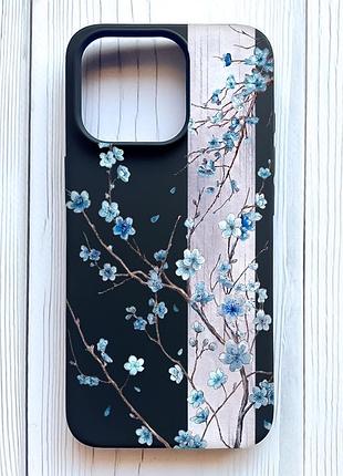 Матовый черный чехол на iphone 16 pro цветущая сакура (принт 422)