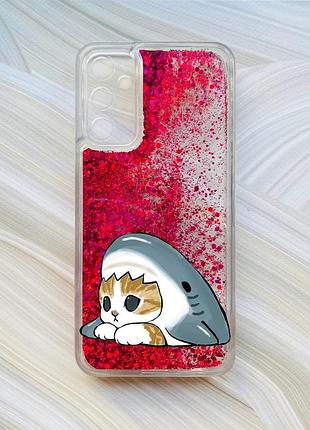 Чехол с плавающими розовыми блестками на samsung galaxy a24 (a245) котик акула (принт 421)