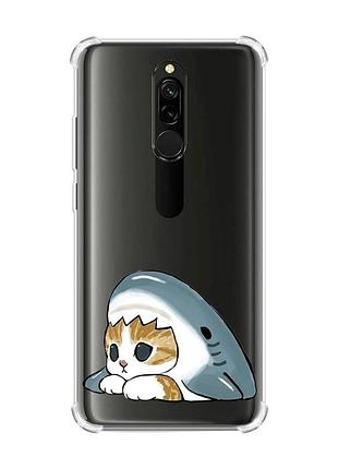 Чехол с утолщенными углами на xiaomi redmi 8 котик акула (принт 421)
