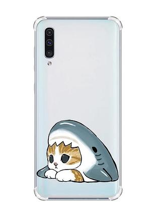 Чехол с утолщёнными углами на samsung galaxy a50 (2019) a505 котик акула (принт 421)