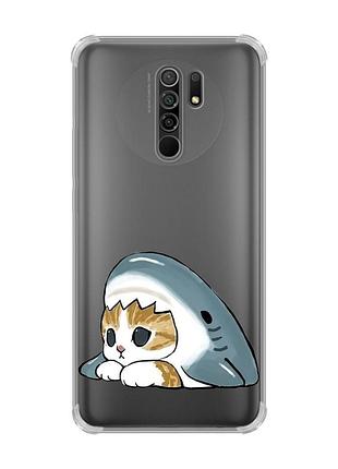 Чохол з потовщеними кутами на xiaomi redmi 9 котик акула (принт 421)