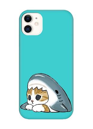 Матовый бирюзовый чехол на apple iphone 11 (6.1) котик акула (принт 421)