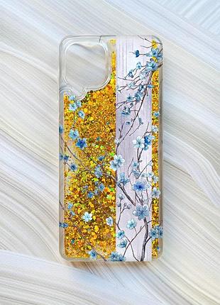 Чехол с плавающими золотыми блестками на samsung galaxy a22 4g/m22/m32 цветущая сакура (принт 422)