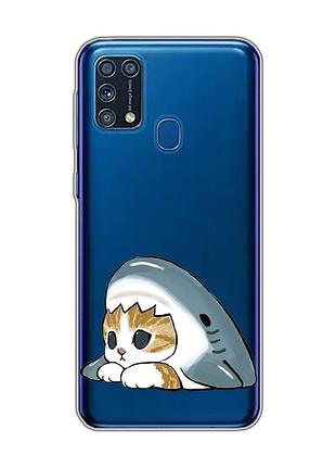 Прозрачный чехол на samsung galaxy m31 котик акула (принт 421)