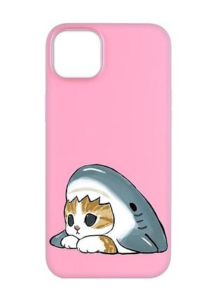Матовый розовый чехол на apple iphone 14 plus котик акула (принт 421)