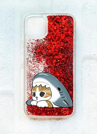 Чехол с плавающими красными блестками на iphone 11 котик акула (принт 421)