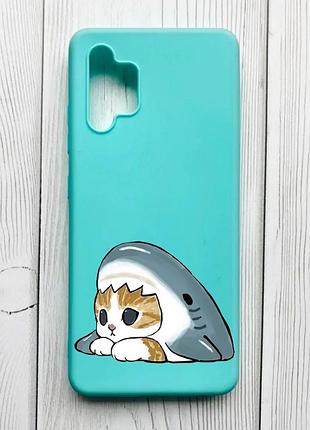 Матовый бирюзовый чехол на samsung galaxy a32 котик акула (принт 421)
