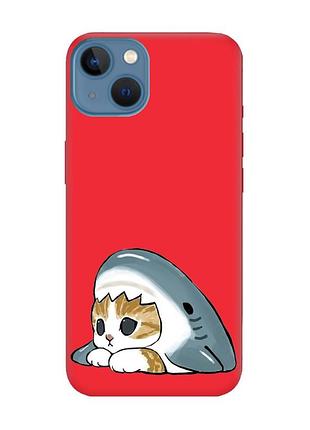 Матовый красный чехол на apple iphone 13 котик акула (принт 421)