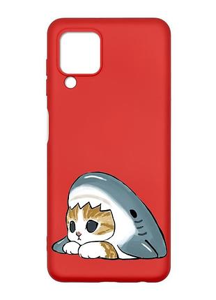 Матовый красный чехол на samsung galaxy m32/a22/m22 4g котик акула (принт 421)