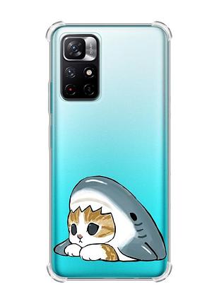 Чехол с утолщёнными углами для xiaomi redmi note 11 4g котик акула (принт 421)