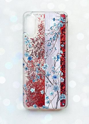 Чехол с плавающими красными блестками на samsung galaxy a02/a022 (2021) цветущая сакура (принт 422)