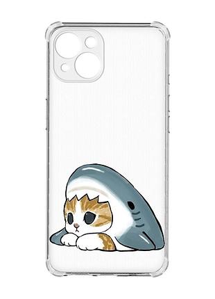 Чехол с утолщенными углами на iphone 15 plus котик акула (принт 421)