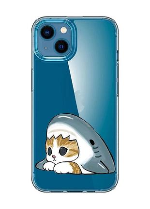 Прозрачный чехол для iphone 13 mini котик акула (принт 421)