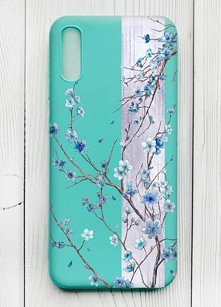 Матовый бирюзовый чехол на xiaomi redmi 9a цветущая сакура (принт 422)