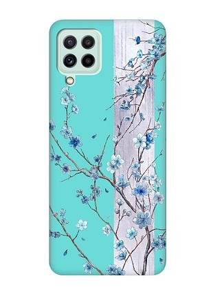 Матовый бирюзовый чехол на samsung galaxy m32/m22/a22 4g цветущая сакура (принт 422)