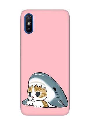 Матовий рожевий чохол на xiaomi redmi 9a котик акула (принт 421)