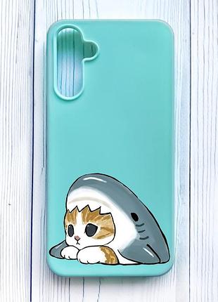 Матовый бирюзовый чехол на samsung galaxy a15 (a155) котик акула (принт 421)