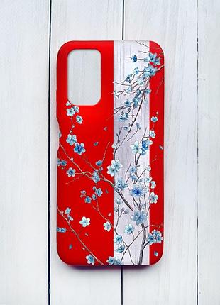 Матовый чехол на xiaomi redmi 9t красный цветущая сакура (принт 422)