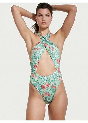 Купальник жіночий суцільний victoria’s secret зелений з квітковим принтом вирізи халтер розмір m