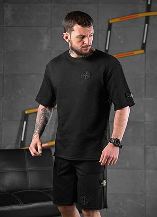 Комплект чоловічий літній stone island black! костюм чоловічий футболка + шорти! костюм літній чоловічий stone island з патчем! преміум якість! хіт!