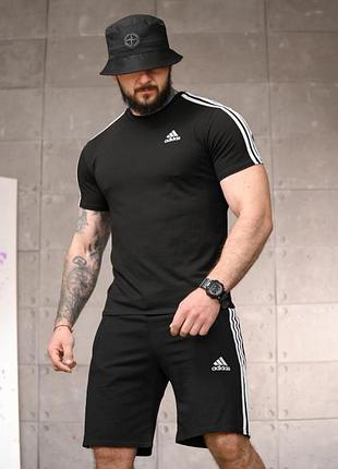 Мужской летний комплект adidas black футболка и шорты! трикотажный спортивный костюм черная футболка+шорты адедас на лето! материал хлопок! размер