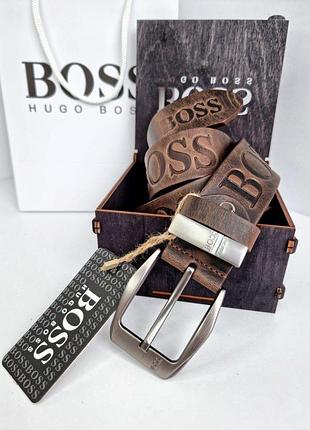 Ремінь шкіряний джинсовий коричневий boss,ширина 4 см